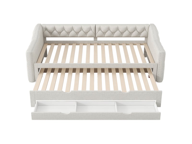  Lit enfant 90x200cm lit gigogne avec 3 tiroirs led 7 couleurs, design minimaliste, lin beige, sans matelas  - Conforama E