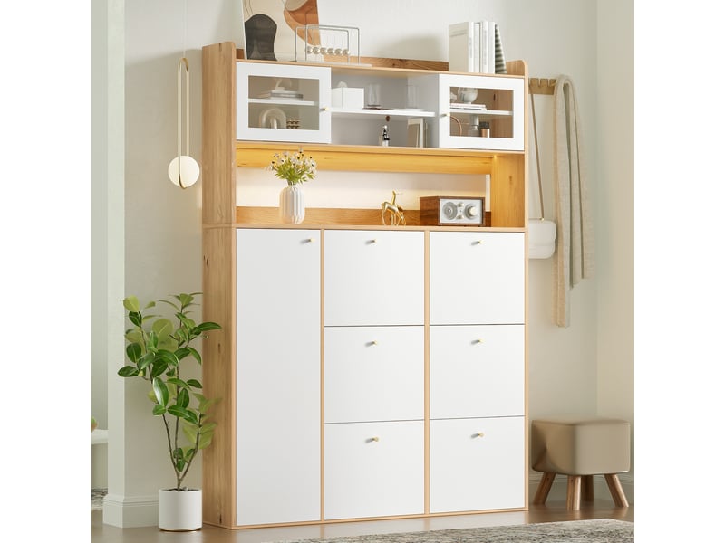  Meuble à chaussures - 130x25x180cm - armoire étroite avec led, 6 casiers abattants, 1 porte - blanc et chêne clair  - Conforama D