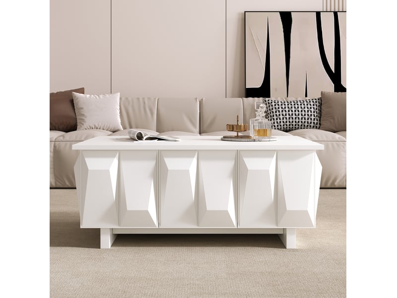  Table basse avec 3 portes et rangement, façades à structure 3d, style moderne pour salon en panneau de particules blanc  - Conforama D