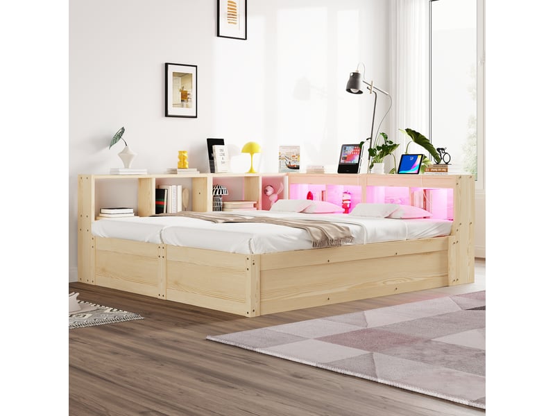  Modenvie lit multifonction 90180x200 cm - led, prises intégrées et rangements - pour petit espace - naturel  - Conforama D