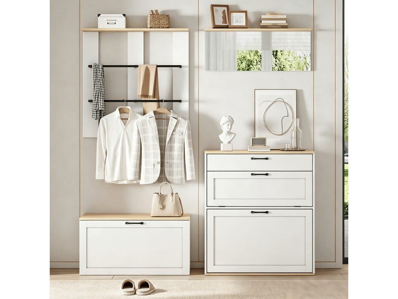 Meubles d'entrée avec meuble à chaussures, tiroir, 2 portes, miroir et 2 tringles modulable en mdf 156×36×176 cm - Conforama B