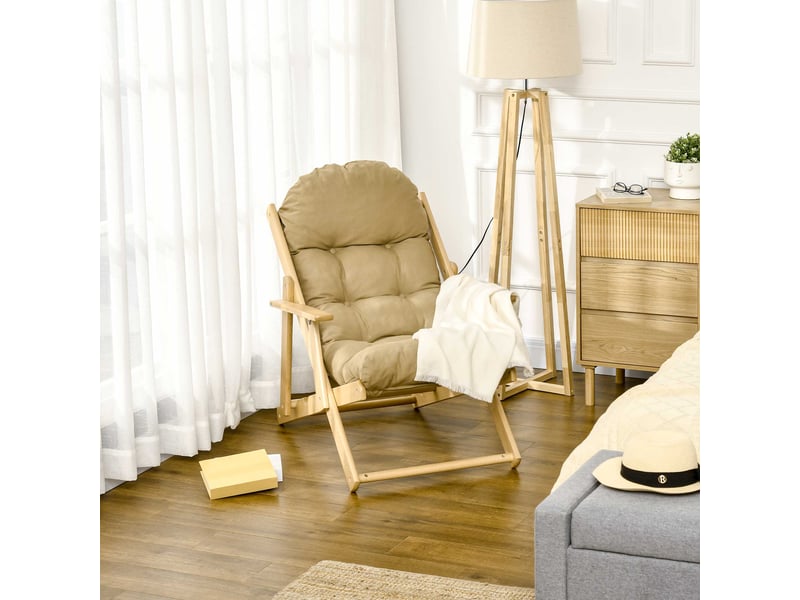 Fauteuil chaise de salon pliable et inclinable en bois fauteuil relax confortable avec coussin capitonné épais - 71 x 89 x 96 cm marron clair - Conforama W