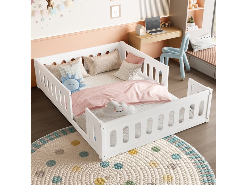  Lit plateforme 140x200 en bois massif blanc avec barrière de sécurité - design au sol  - Conforama E