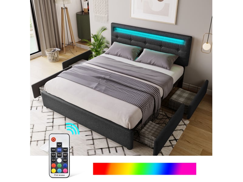  Cadre de lit tcqpz double 140 x 200 cm avec led 4 tiroirs tête de lit réglable noir lin et métal  - Conforama E