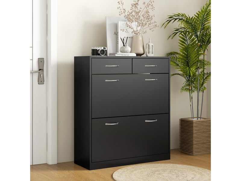  Étagère à chaussures 12 paires avec 2 étagères internes réglables et 2 tiroirs, en bois, 80 x 30 x 91,5 cm, noire  - Conforama B