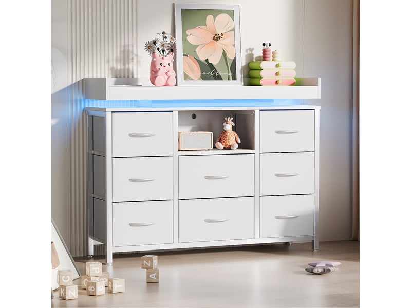  Commode avec 8 tiroirs en tissu,armoire avec led et station de recharge,cadre en métal,100x30x82cm,blanc,style moderne  - Conforama B
