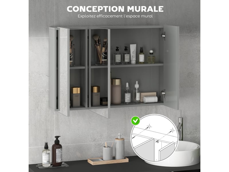 Armoire murale de salle de bain avec dim. 90l x 15l x 60h cm 3 portes miroir et étagères réglables en mdf gris - Conforama A