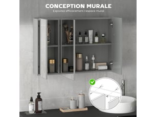Armoire murale de salle de bain avec dim. 90l x 15l x 60h cm 3 portes miroir et étagères réglables en mdf gris
