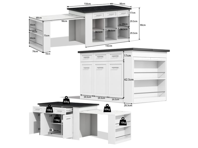 Îlot de cuisine modenvie avec table coulissante 150 x 90 x 90 cm mdf blanc et décor marbre  - Conforama C