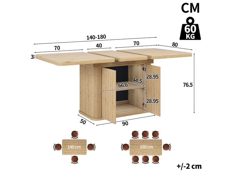  Table à manger extensible 140 à 180 cm effet bois clair avec rangement  - Conforama C