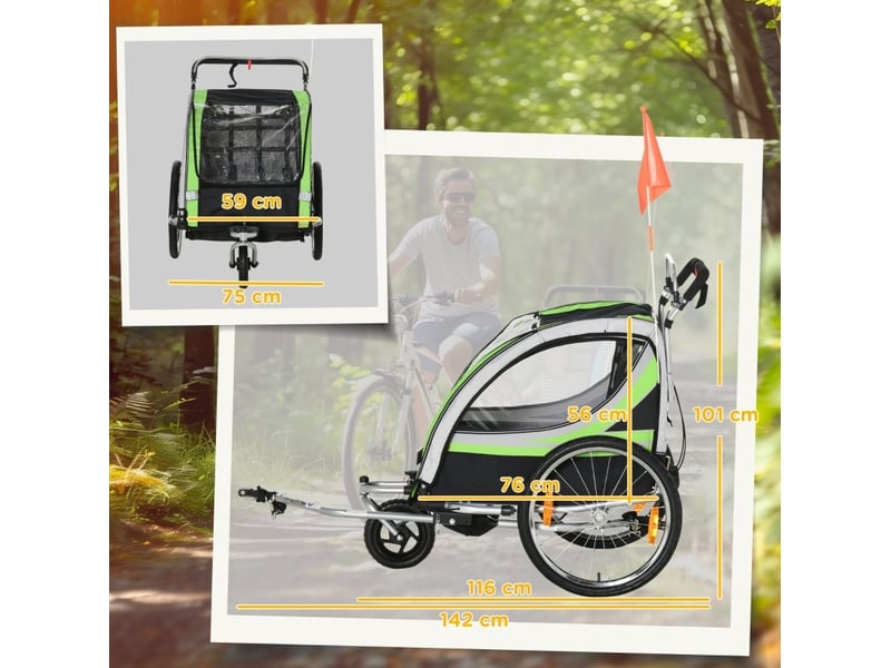 Remorque vélo 2-en-1 pour 2 enfants 142x75x101 cm – vert – fonction poussette - Conforama B