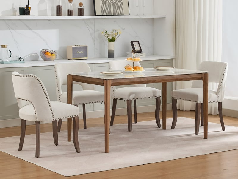  Lot de 2 chaises de salle à manger en tissu beige avec pieds en bois massif, style campagne chic  - Conforama C