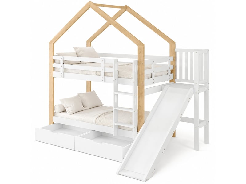  Lit superposé maison, 90x200 cm, 2 tiroirs, lit enfant avec toboggan, matelas non inclus, mdf, coloris blanc et naturel  - Conforama A
