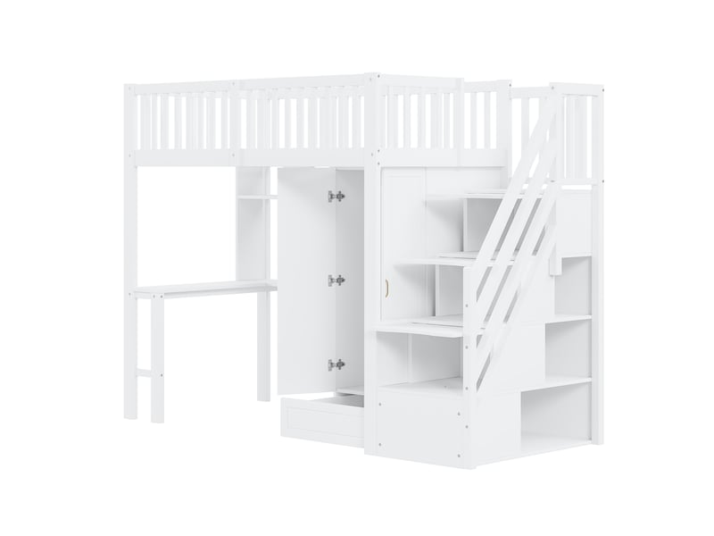 Lit mezzanine - bois massif - 90x200 cm - armoire intégrée - escalier avec tiroirs - Conforama W
