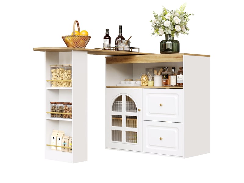  Table de bar pivotante à 360 degrés, îlot de cuisine extensible blanc avec rangements et portes en verre, 138-204cm  - Conforama A