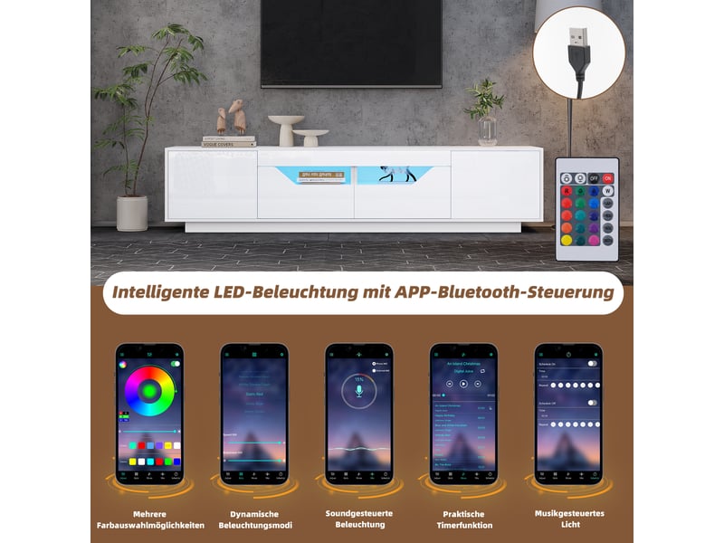  Meuble tv 180x40x45 cm, bahut tv avec 2 tiroirs et 2 portes, éclairage led contrôlable par application, finition brillante, 2 espaces de rangement semi-ouverts, panneaux de particules, design moderne, blanc Luxe haut de gamme - Conforama E