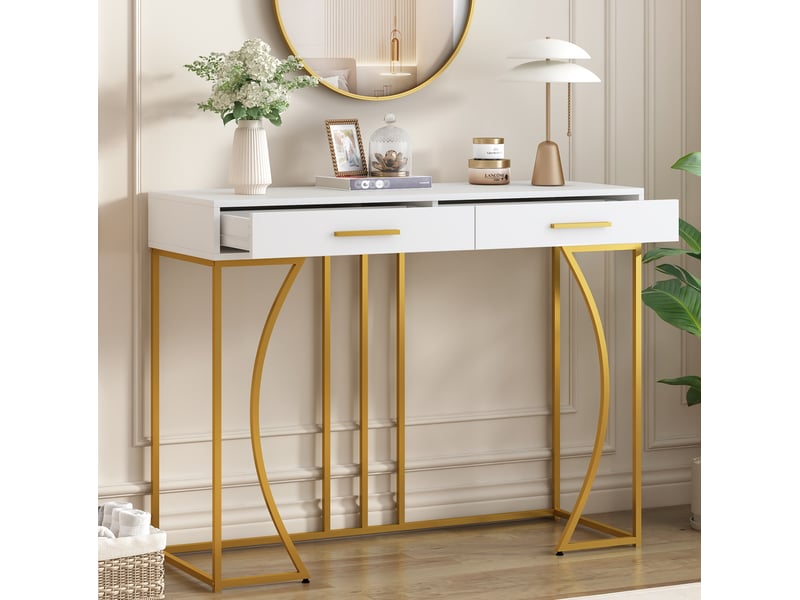  Table console avec 2 tiroirs 110 x 32 x 85 cm en mdf et métal blanc et doré  - Conforama D