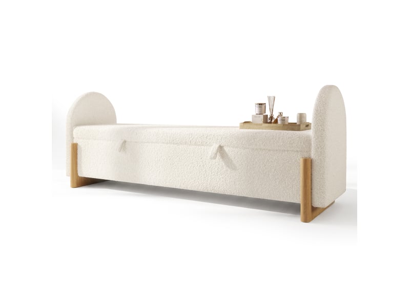  Banc coffre 166x47x61 cm en tissu bouclette chenille blanc avec rangement  - Conforama A