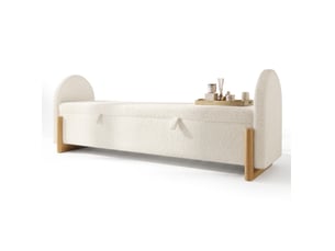 Banc coffre 166x47x61 cm en tissu bouclette chenille blanc avec rangement