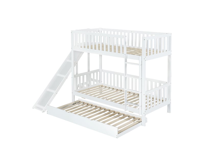 Lit superposé enfant 90x200 cm avec tiroir gigogne, toboggan et rangements, blanc - Conforama D