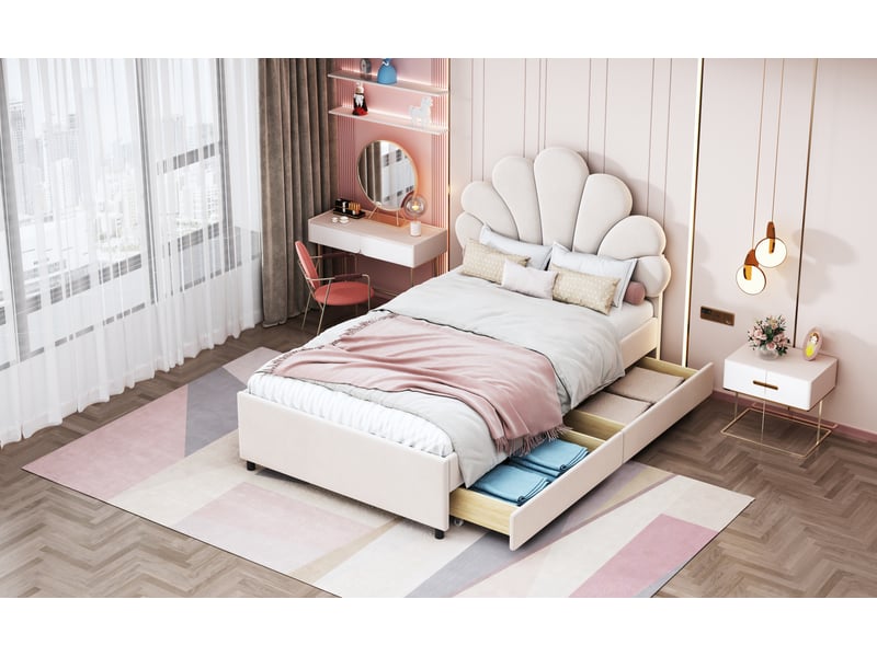 Lit avec rangement 90x200 cm, revêtement en velours, coloris beige, tiroirs intégrés, tête de lit rembourrée, tête de lit florale, cadre stable - Conforama E