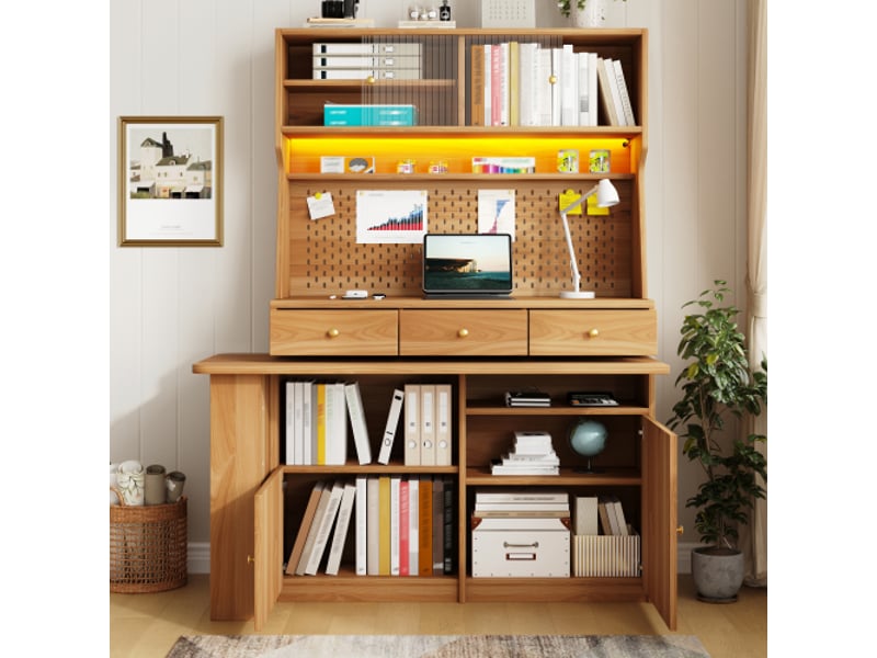 Armoire haute avec bureau et bar – meuble multifonction led, commande par app, portes vitrées, étagères, naturel brun - Conforama E