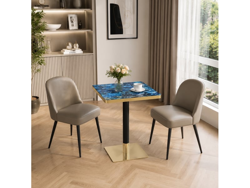  Table de salle à manger carrée pour 2 à 4 personnes, effet marbre, piètement en métal bleu, 60 × 60 × 74 cm  - Conforama D