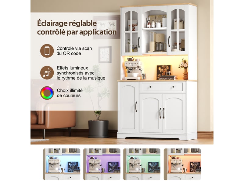  Meuble de cuisine muvano, buffet haut de cuisine blanc avec éclairage led multicolore, 100 × 38 × 178 cm  - Conforama E