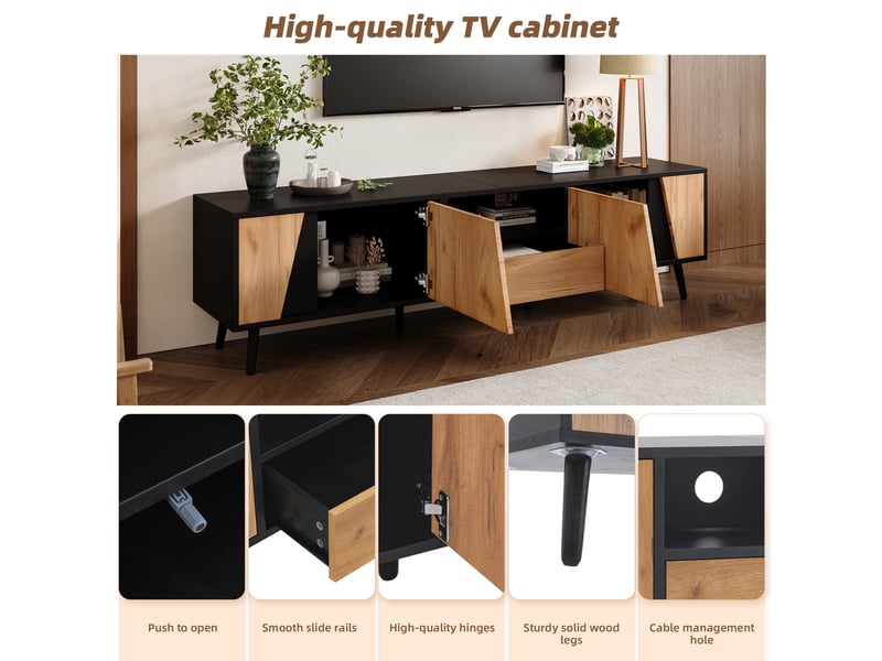  Meuble tv 180 cm noir et bois, meuble tv pour téléviseur 75 pouces avec 2 placards, tiroir et étagère ouverte  - Conforama R