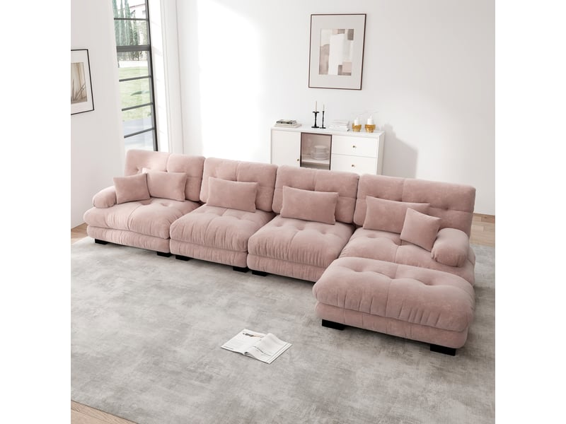  Canapé d'angle, canapé modulable – style cloud, rose, pouf amovible, en chenille, 4 places  - Conforama R