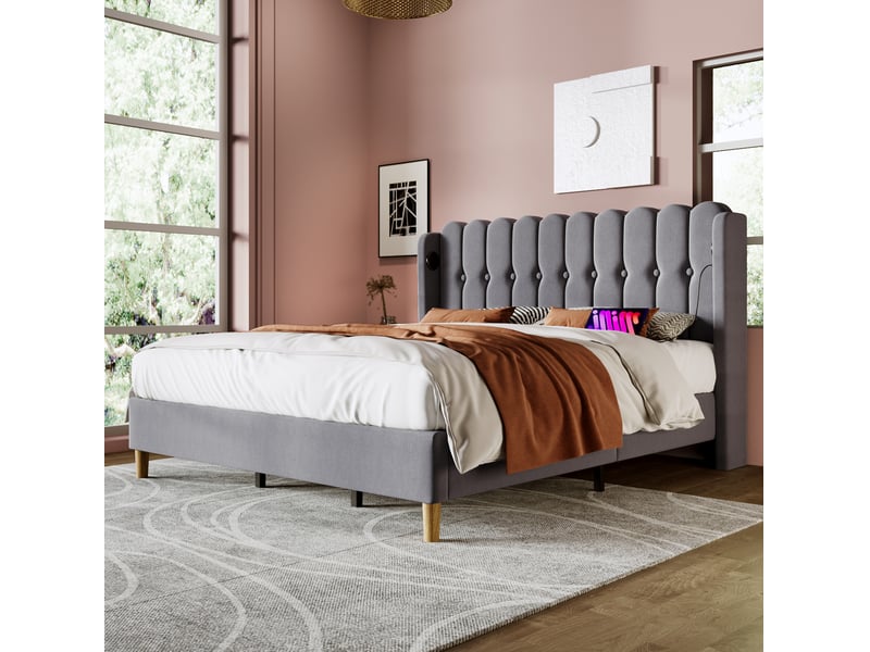  Lit double 160 x 200 cm gris en lin avec sommier à lattes, ports usb et type-c, avec matelas  - Conforama C