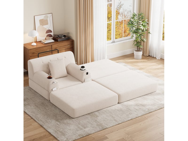  Fauteuil 1 place avec repose-pieds en velours côtelé beige, 107x162x81 cm  - Conforama R