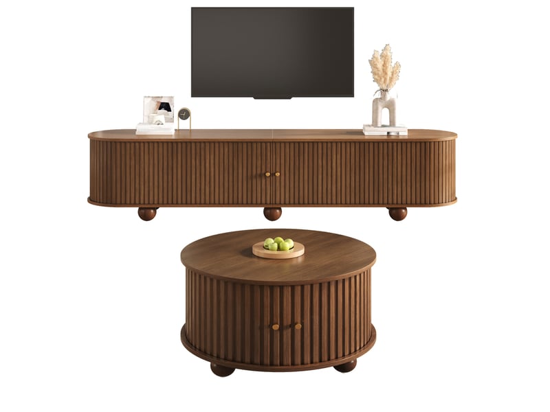  Ensemble table basse ronde et meuble tv incurvé 180 x 35 x 45 cm + 72 x 72 x 38 cm, portes coulissantes, mdf, noyer  - Conforama A