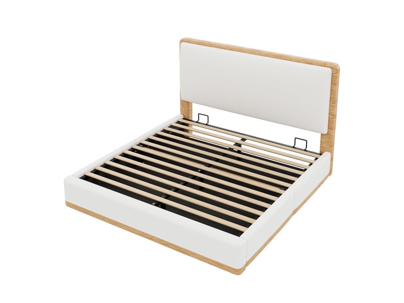  Lit coffre rembourré 180x200 cm - rangement coffre - tête de lit rembourrée et sommier à lattes - mdf - blanc+naturel (sans matelas)  - Conforama W