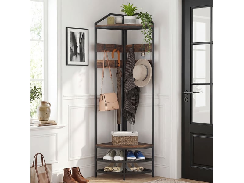  Meuble d'entrée d'angle, vestiaire à 4 niveaux, rangement pour chaussures, 8 patères mobiles, 2 étagères, brun rustique  - Conforama C
