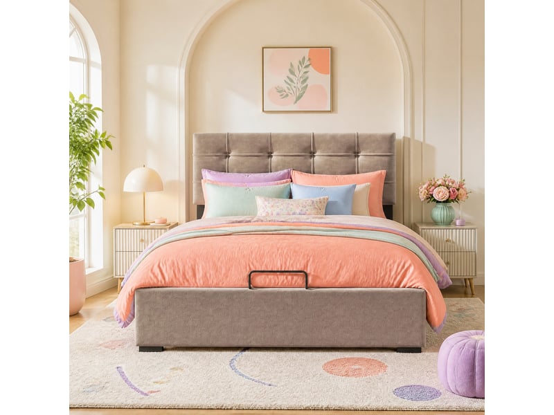 Lit enfant 90x200 cm – gris clair – coffre hydraulique en velours, tête réglable, avec matelas inclus - Conforama B