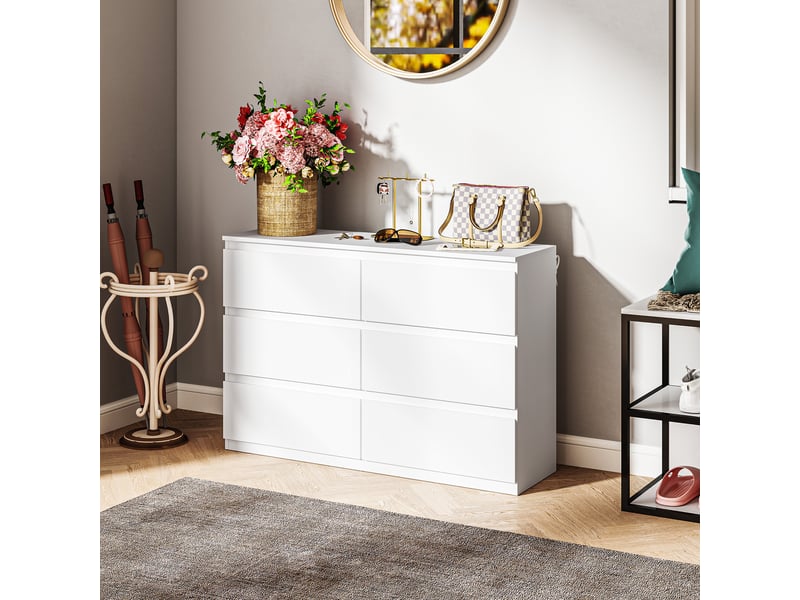  Commode à 6 tiroirs, meuble de rangement moderne pour la chambre, blanche  - Conforama D