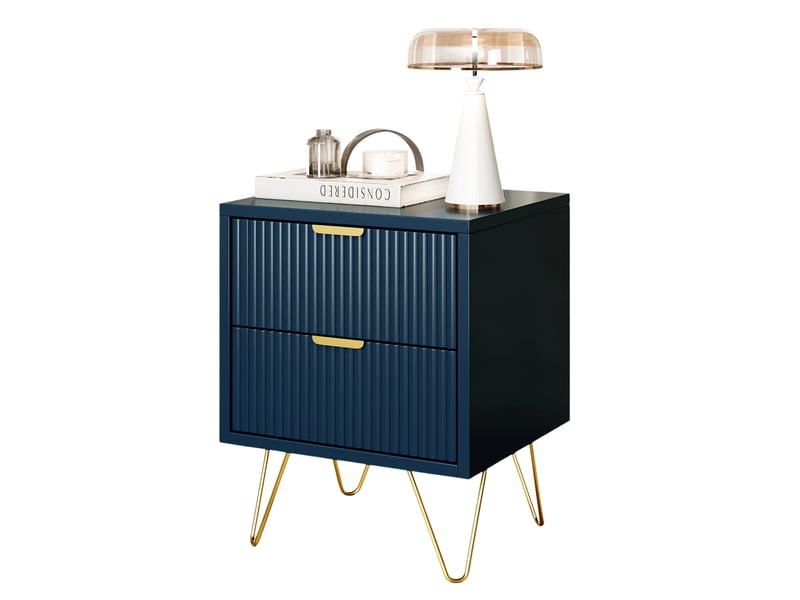  Table de chevet 2 tiroirs,manches et pieds en couleur doré, table de chevet,moderne, 40 x 35,5 x 50 cm, bleu  - Conforama A