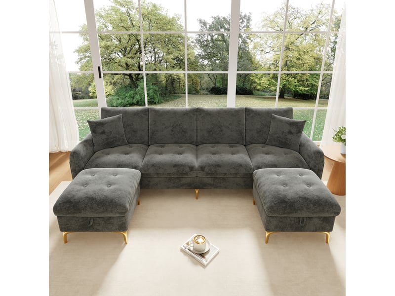 Canapé d'angle modulable convertible 4 places en tissu gris en u avec 2 poufs de rangement pour votre salon - Conforama E