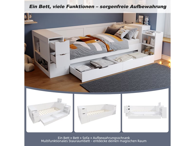 Lit enfant simple 90x190 cm, lit 1 personne multifonctionnel avec tiroirs et espace de rangement, blanc, matelas non inclus - Conforama W