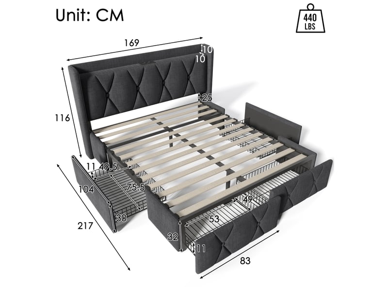  Lit double 160x200 cm avec 4 tiroirs, prises et ports usb, en lin gris  - Conforama C