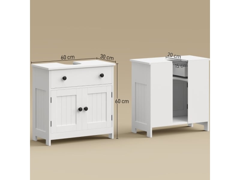  Meuble sous lavabo blanc moderne avec 1 tiroir, 2 portes et charnières à fermeture douce, indépendant  - Conforama C