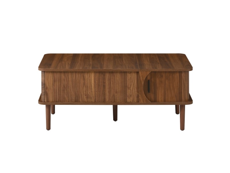 Table basse moderne rétro – plateau réglable, porte coulissante, noyer, rainures, pieds bois – multifonction - Conforama A