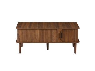 Table basse moderne rétro – plateau réglable, porte coulissante, noyer, rainures, pieds bois – multifonction