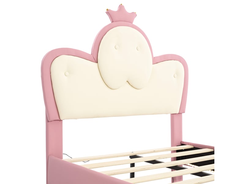  Lit enfant rembourré 90 x 200 cm rose et blanc avec tête de lit couronne et led Fay Lum - Conforama D