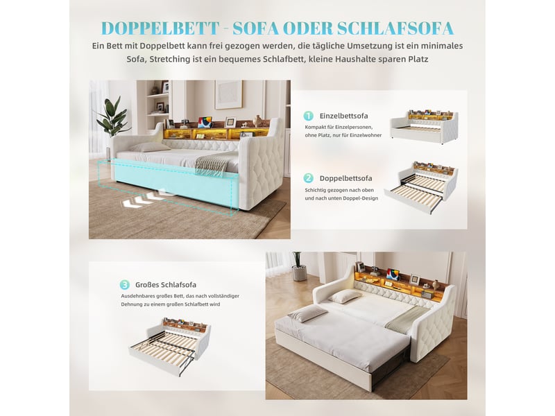  Canapé-lit 90x190 cm, lit enfant, couchage d'appoint, sommier à lattes, couchage gigogne extensible, led, usb et usb-c  - Conforama D