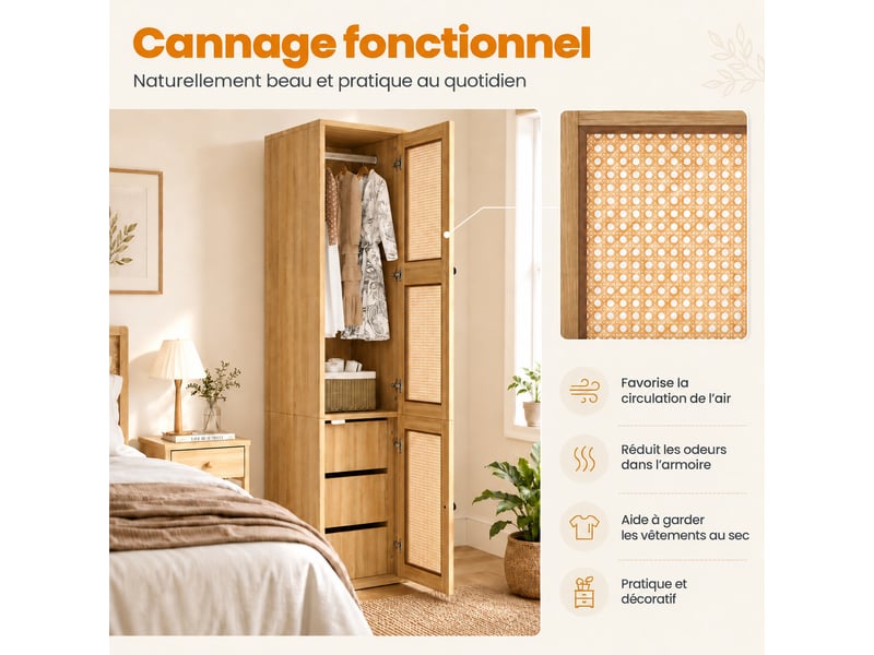 Armoire étroite de chambre 45 x 47 x 200 cm avec façade effet rotin, 3 tiroirs et porte battante, penderie, chêne - Conforama E