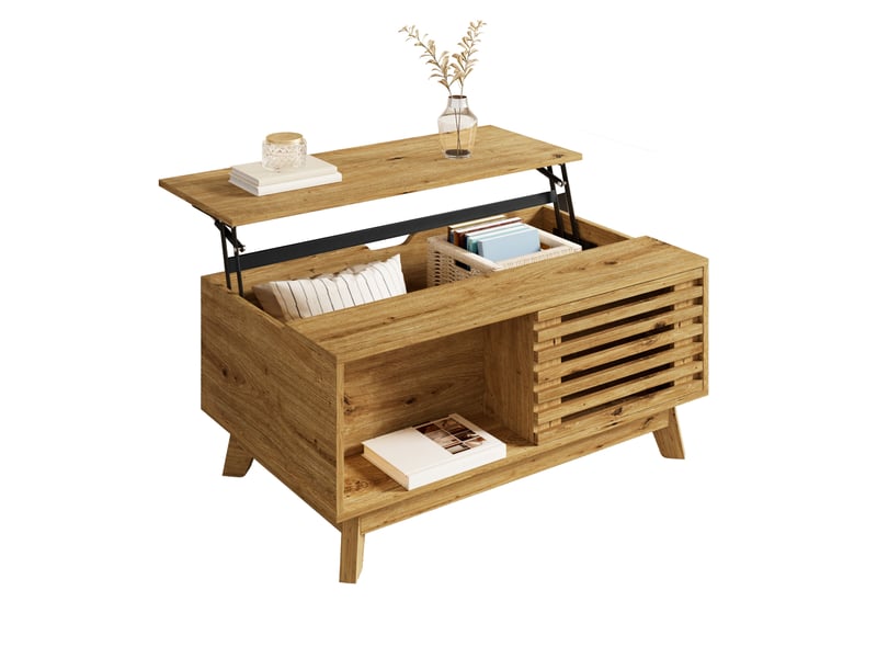 Table basse relevable 90 x 55 x 57,5 cm – naturel – plateau modulable et rangement intégré – style rétro - Conforama A