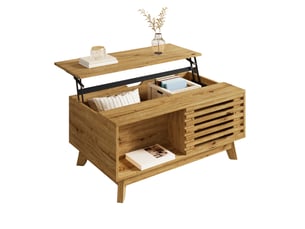 Table basse relevable 90 x 55 x 57,5 cm – naturel – plateau modulable et rangement intégré – style rétro