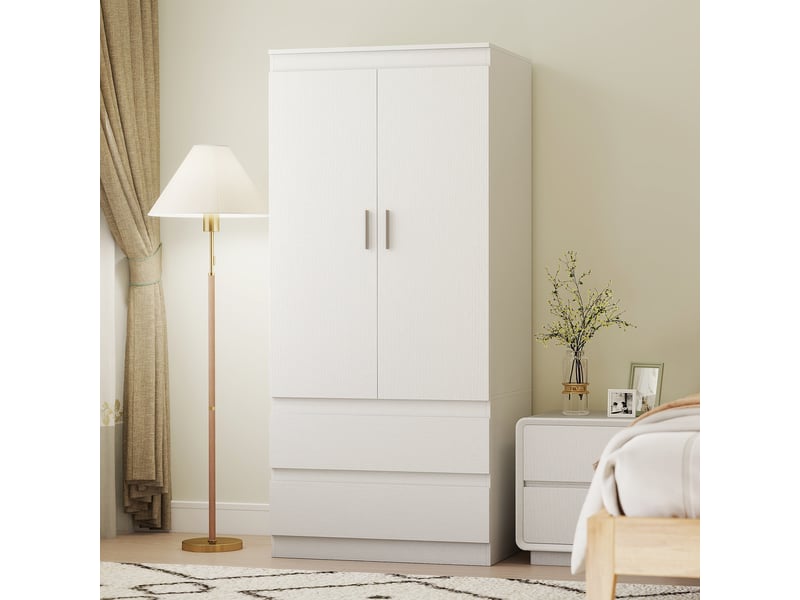  Armoire de chambre à coucher avec 2 portes, 2 tiroirs, 3 compartiments, en bois, blanche  - Conforama D